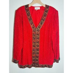 VTG Laurence Kazar EUC Red Multi Silk Beaded Sequin Evening Jacket Blazer 2X